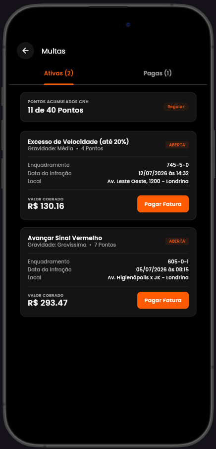 Tela de multas do app ClickFan